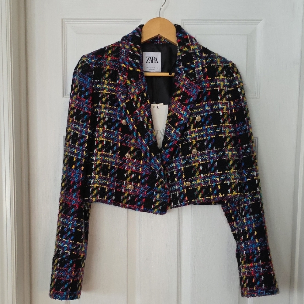 Zara Multicolor Cropped Tweed Blazer